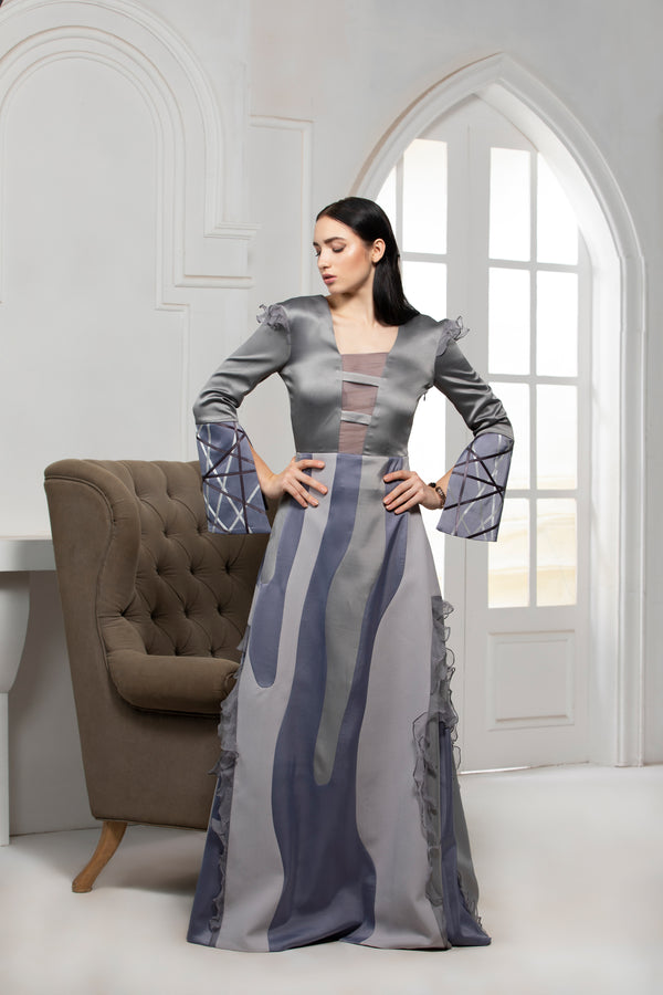 GREY MONOTONE COLOUR BLOCK GOWN WITH EXTENDED SATIN RTEXTILE CUFF - siddhantagrawal