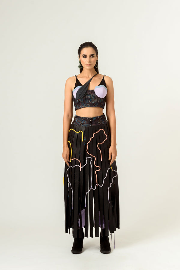 Agitation Print Trousers with Detachable Leather Skirt