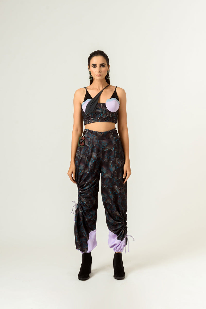 Agitation Print Trousers with Detachable Leather Skirt