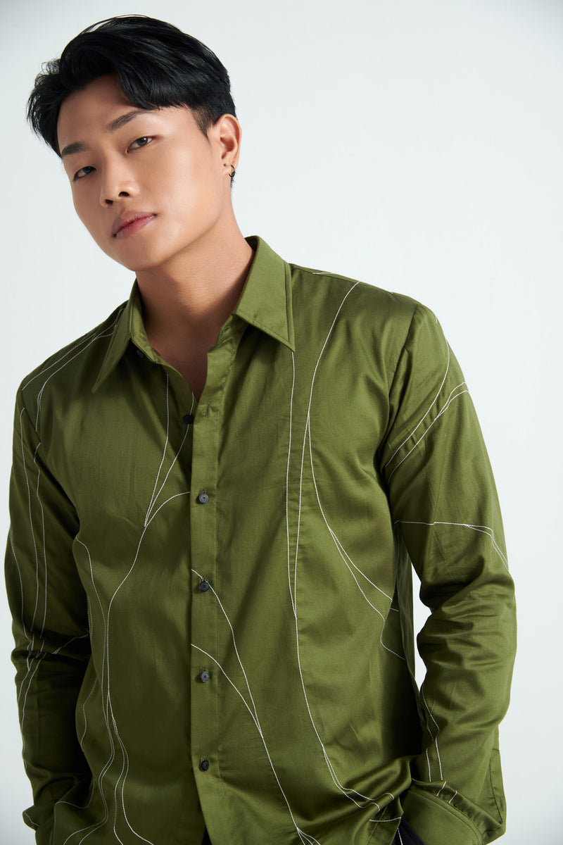 Olive Linear-Stitch Shirt