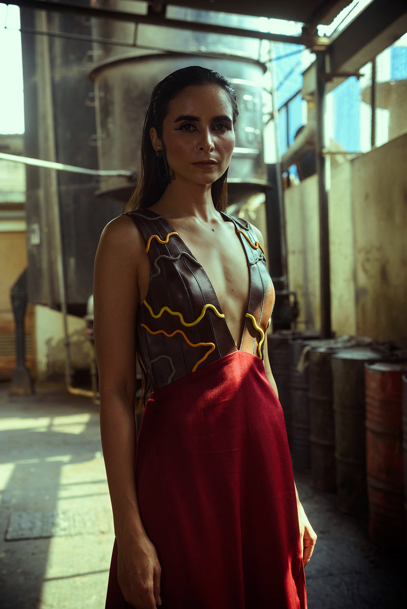 Low Neckline Leather Embroidered Gown - siddhantagrawal
