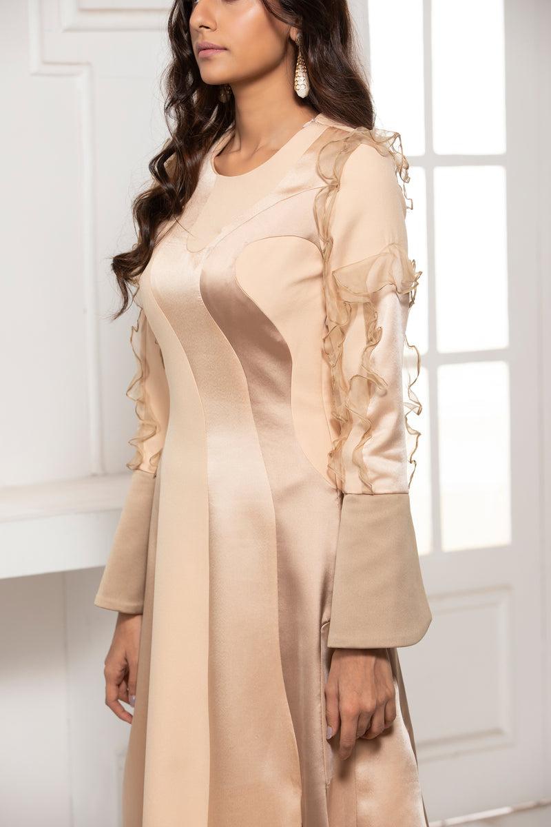 BEIGE MONOTONE FLARED PANEL DRESS WITH ORGANZA RUFFLE SLEEVE DETAIL - siddhantagrawal