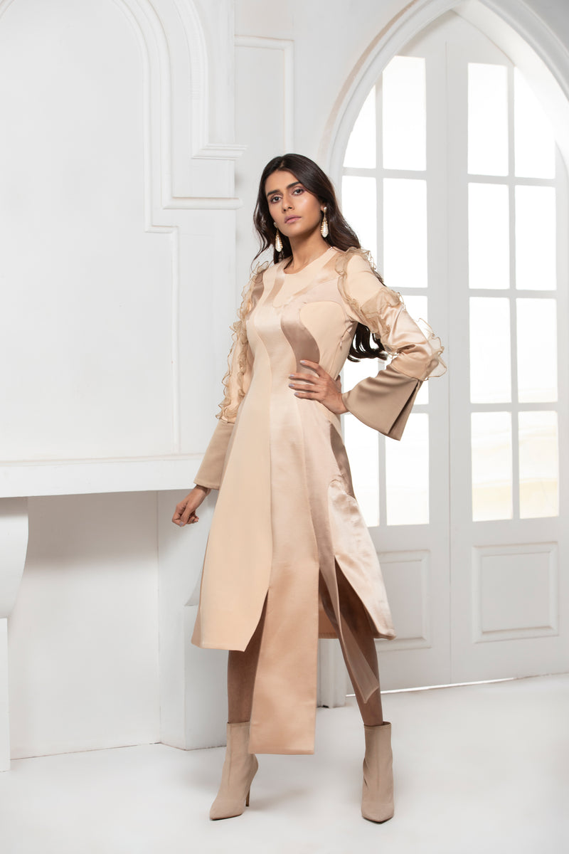 BEIGE MONOTONE FLARED PANEL DRESS WITH ORGANZA RUFFLE SLEEVE DETAIL - siddhantagrawal