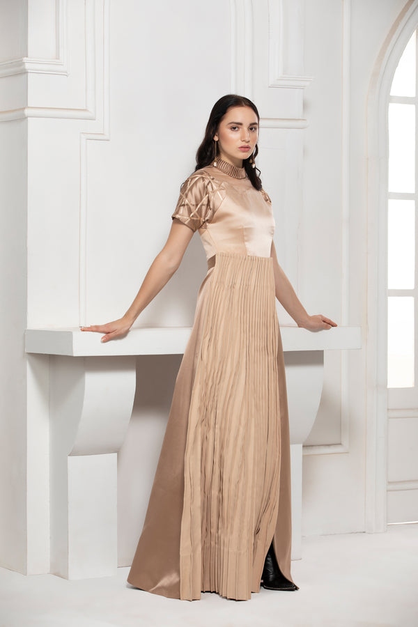BEIGE MONOTONE ORGANZA YOKE GOWN WITH PINTUCK AND SATIN TEXTILE SLEEVE DETAIL - siddhantagrawal