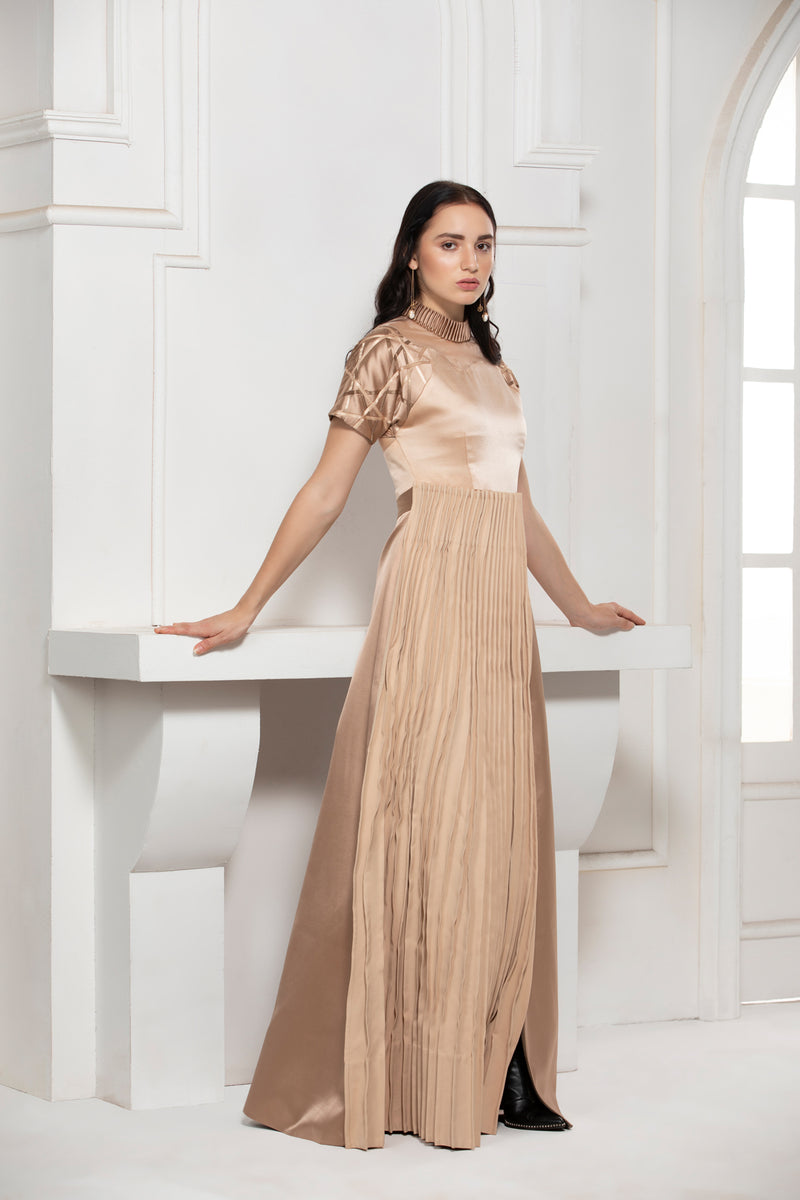BEIGE MONOTONE ORGANZA YOKE GOWN WITH PINTUCK AND SATIN TEXTILE SLEEVE DETAIL - siddhantagrawal