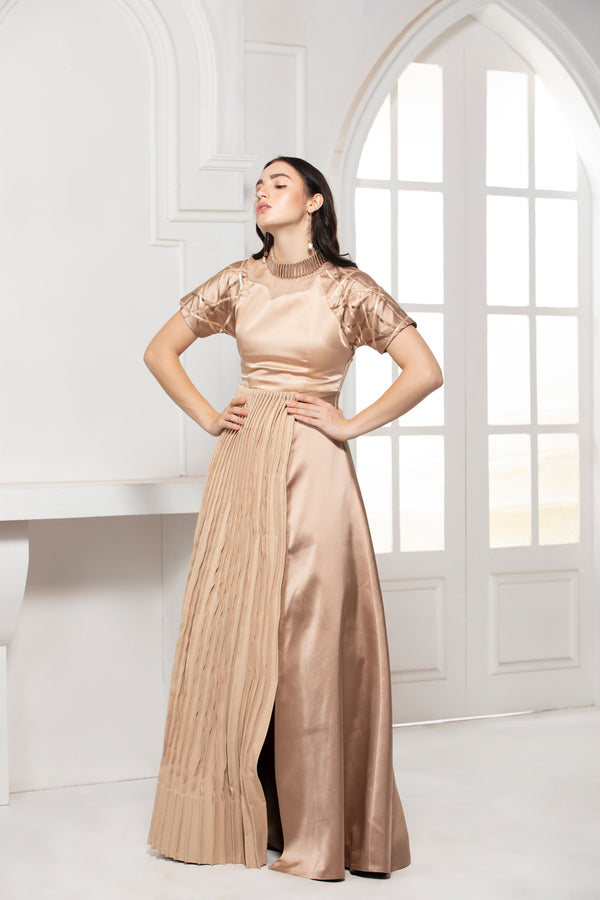 BEIGE MONOTONE ORGANZA YOKE GOWN WITH PINTUCK AND SATIN TEXTILE SLEEVE DETAIL - siddhantagrawal