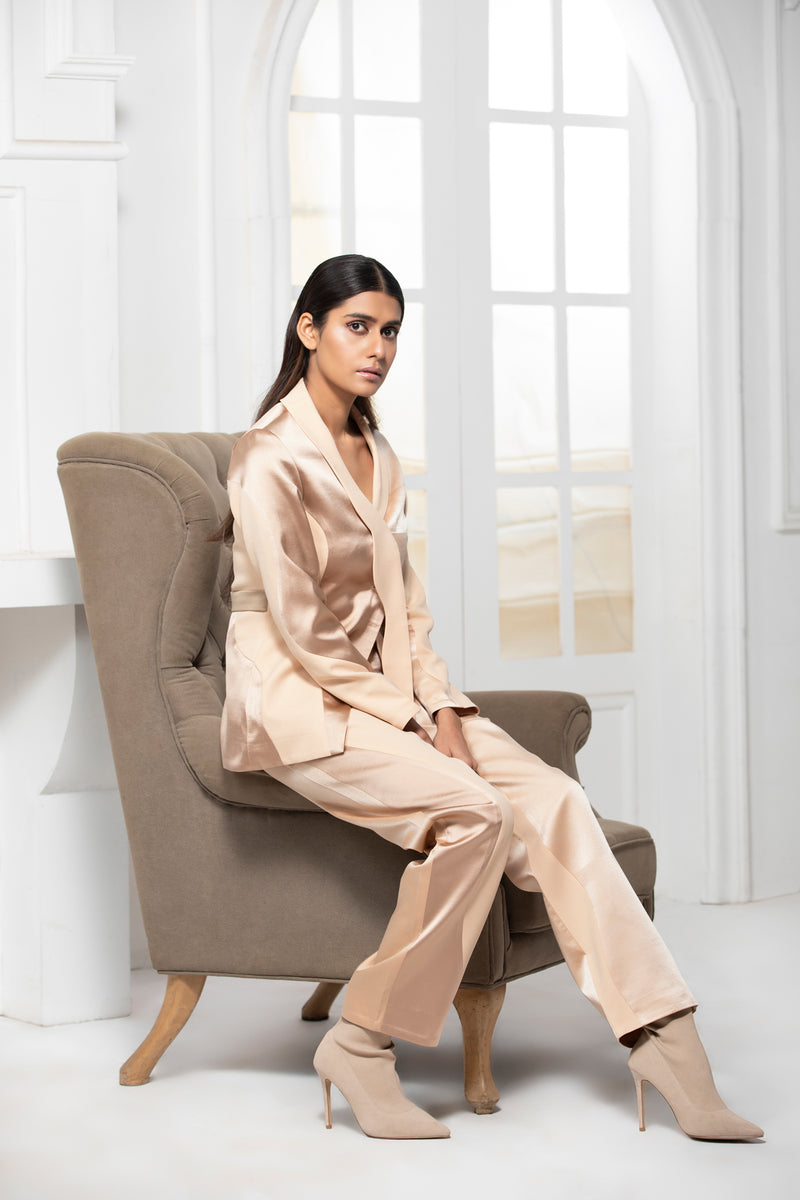 BEIGE MONOTONE SATIN COLOUR BLOCK BLAZER SHIRT - siddhantagrawal
