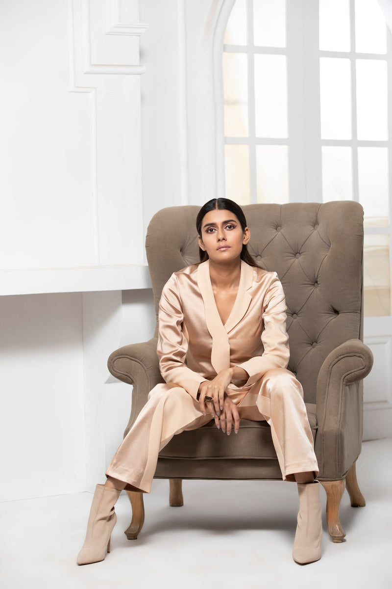 BEIGE MONOTONE SATIN COLOUR BLOCK BLAZER PANT - siddhantagrawal