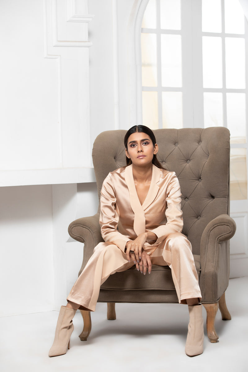 BEIGE MONOTONE SATIN COLOUR BLOCK BLAZER SHIRT - siddhantagrawal