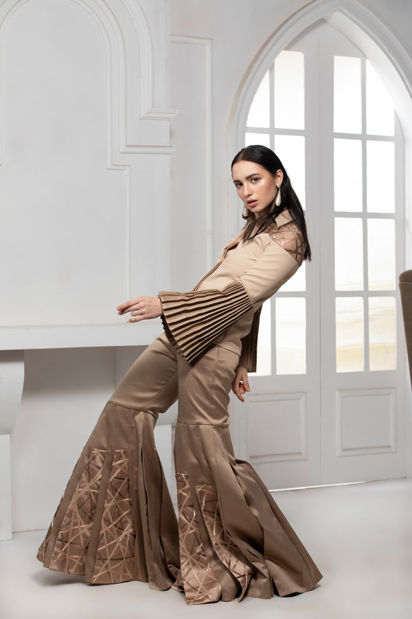 BEIGE MONOTONE PINTUCK FLARED SLEEVE AND SATIN TEXTILE ORGANZA YOKE SHIRT - siddhantagrawal