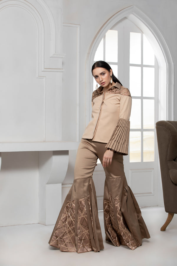 BEIGE MONOTONE PINTUCK FLARED SLEEVE AND SATIN TEXTILE ORGANZA YOKE SHIRT - siddhantagrawal