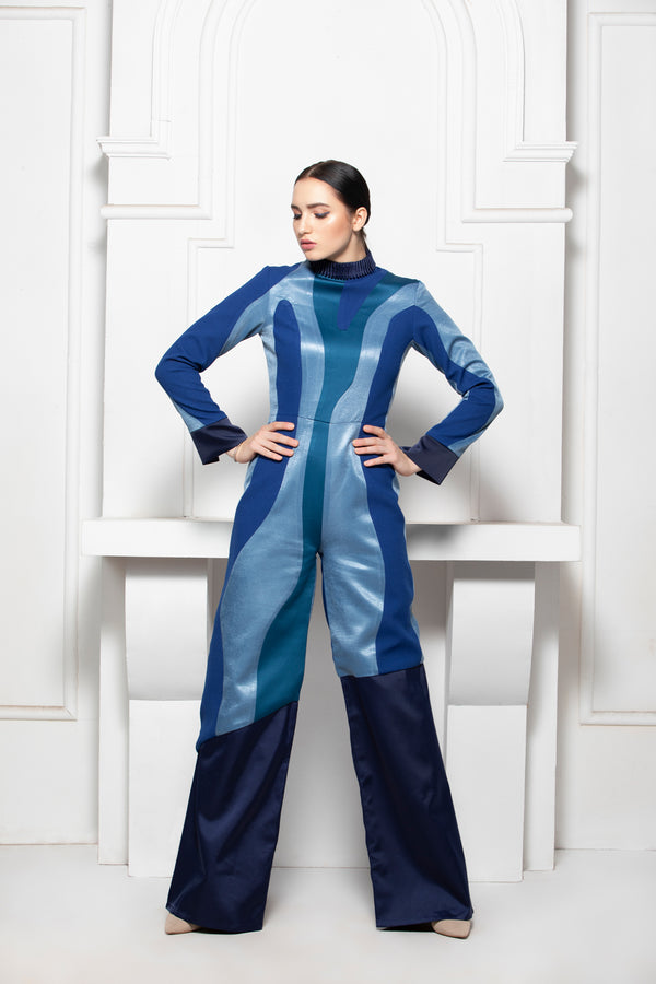 BLUE MONOTONE COLOUR BLOCK JUMPSUIT WITH PINTUCK COLLAR DETAIL - siddhantagrawal