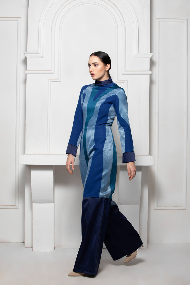 BLUE MONOTONE COLOUR BLOCK JUMPSUIT WITH PINTUCK COLLAR DETAIL - siddhantagrawal