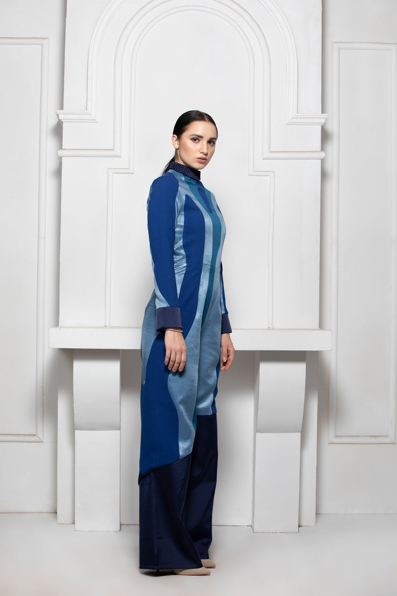 BLUE MONOTONE COLOUR BLOCK JUMPSUIT WITH PINTUCK COLLAR DETAIL - siddhantagrawal