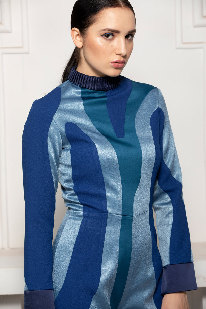 BLUE MONOTONE COLOUR BLOCK JUMPSUIT WITH PINTUCK COLLAR DETAIL - siddhantagrawal