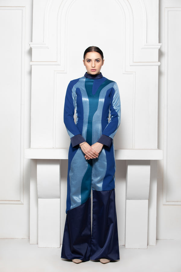 BLUE MONOTONE COLOUR BLOCK JUMPSUIT WITH PINTUCK COLLAR DETAIL - siddhantagrawal
