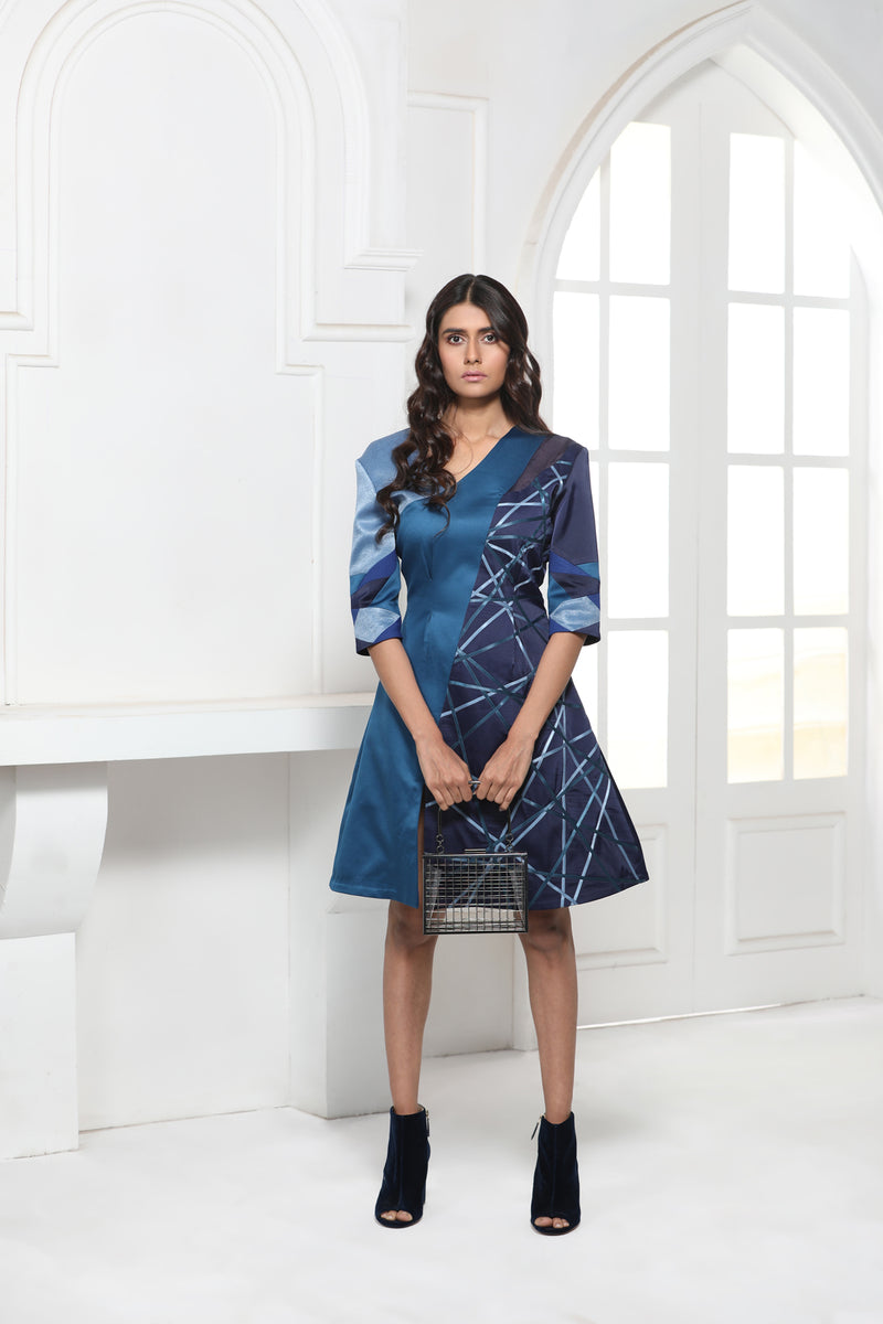 BLUE MONOTONE SATIN TEXTILE OFF CENTRE V-NECK DRESS - siddhantagrawal