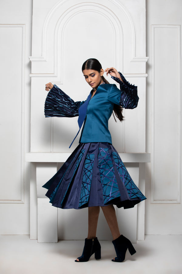 BLUE MONOTONE SHIRT WITH EXTENDED COLLAR AND SATIN TEXTILE PINTUCK SLEEVE DETAIL - siddhantagrawal