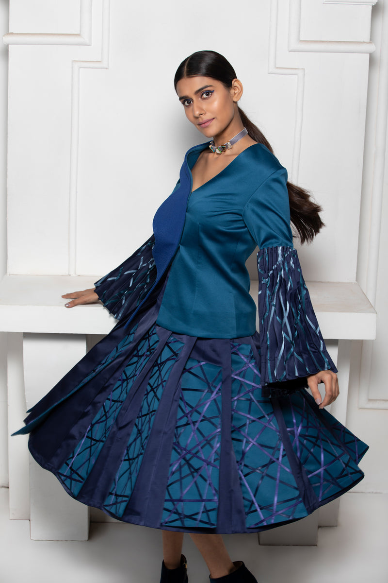 BLUE MONOTONE SHIRT WITH EXTENDED COLLAR AND SATIN TEXTILE PINTUCK SLEEVE DETAIL - siddhantagrawal