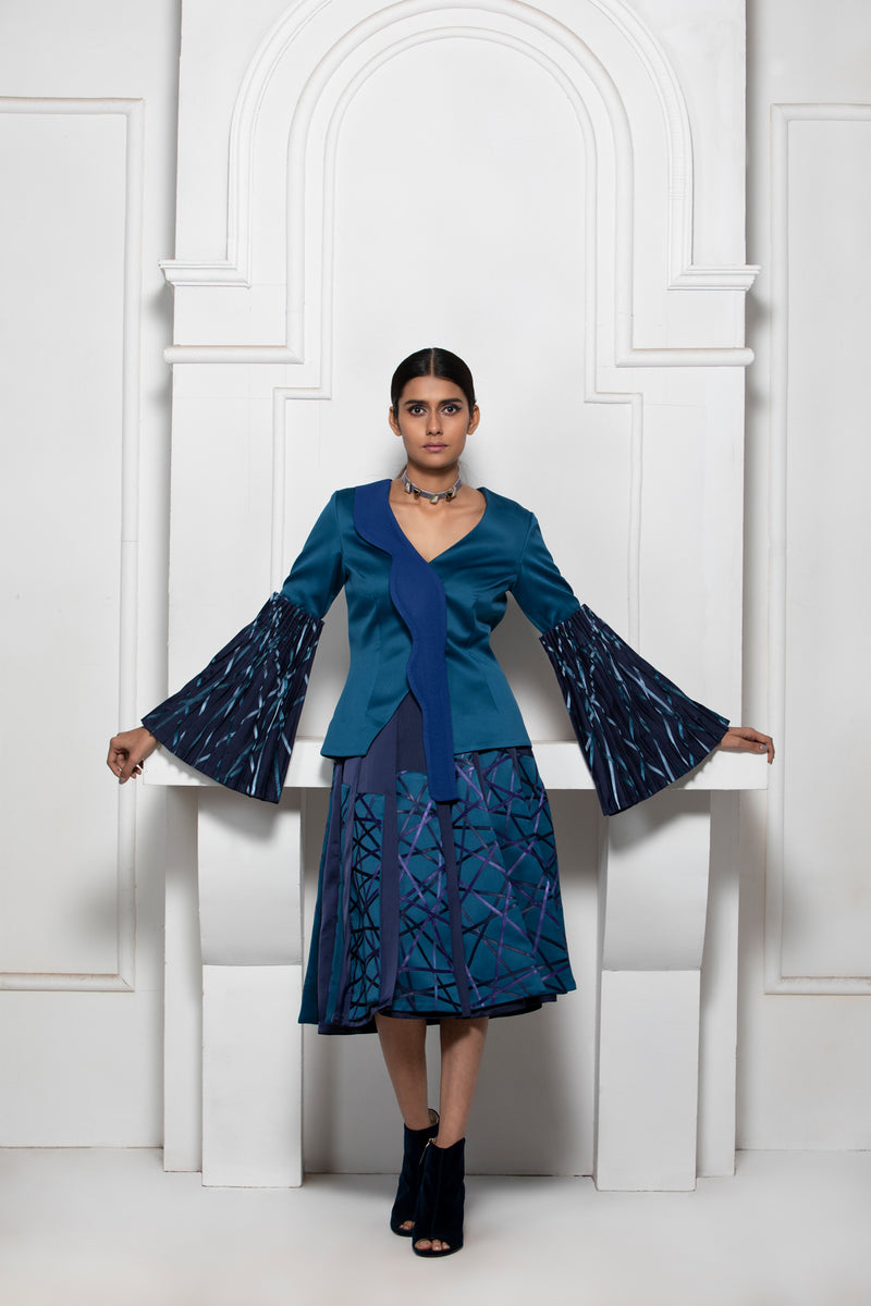 BLUE MONOTONE SHIRT WITH EXTENDED COLLAR AND SATIN TEXTILE PINTUCK SLEEVE DETAIL - siddhantagrawal