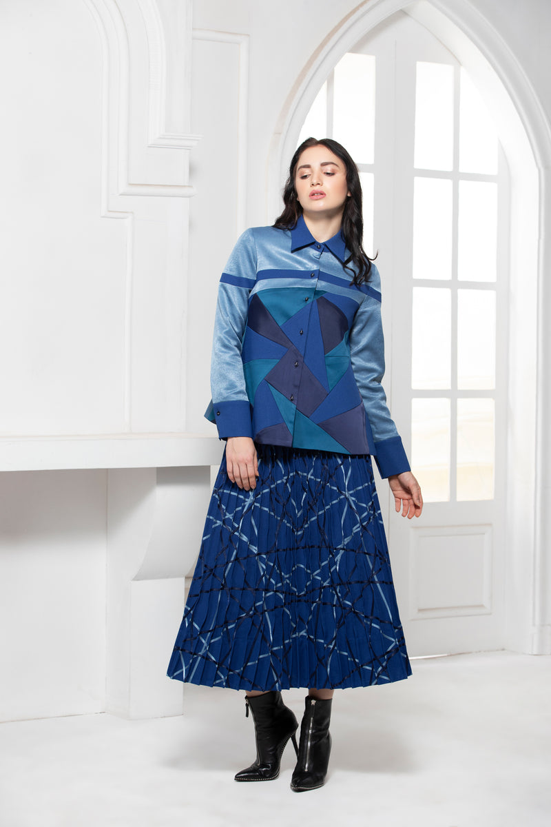 BLUE MONOTONE SATIN TEXTILE PINTUCK SKIRT - siddhantagrawal