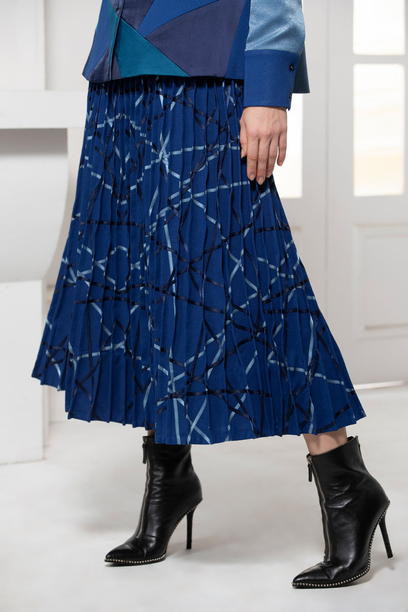 BLUE MONOTONE SATIN TEXTILE PINTUCK SKIRT - siddhantagrawal