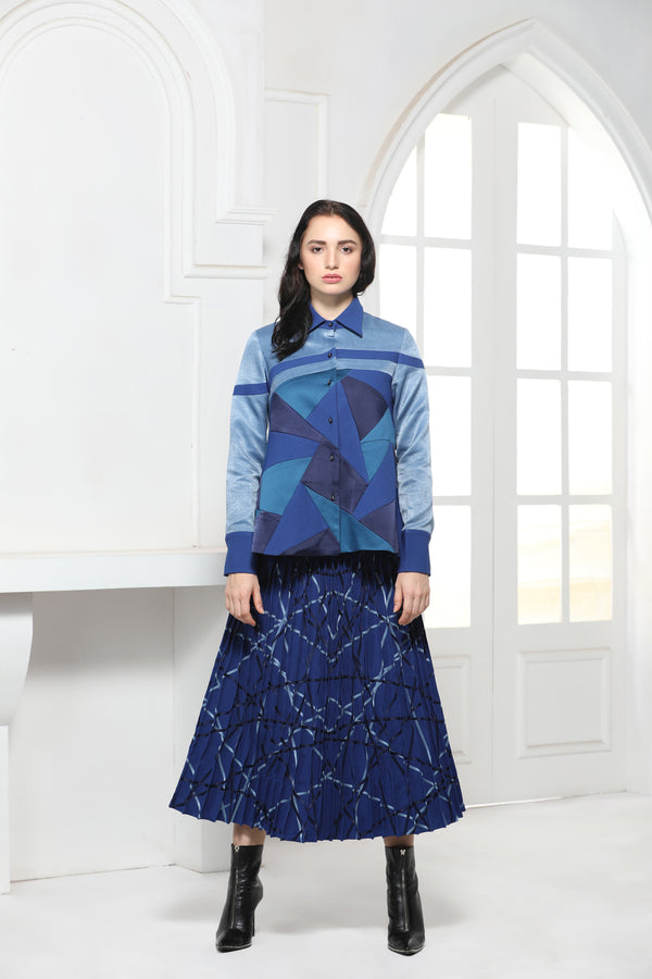 BLUE MONOTONE SATIN TEXTILE PINTUCK SKIRT - siddhantagrawal