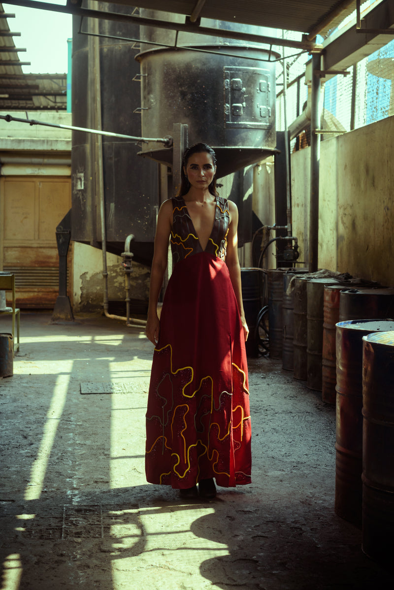 Low Neckline Leather Embroidered Gown - siddhantagrawal