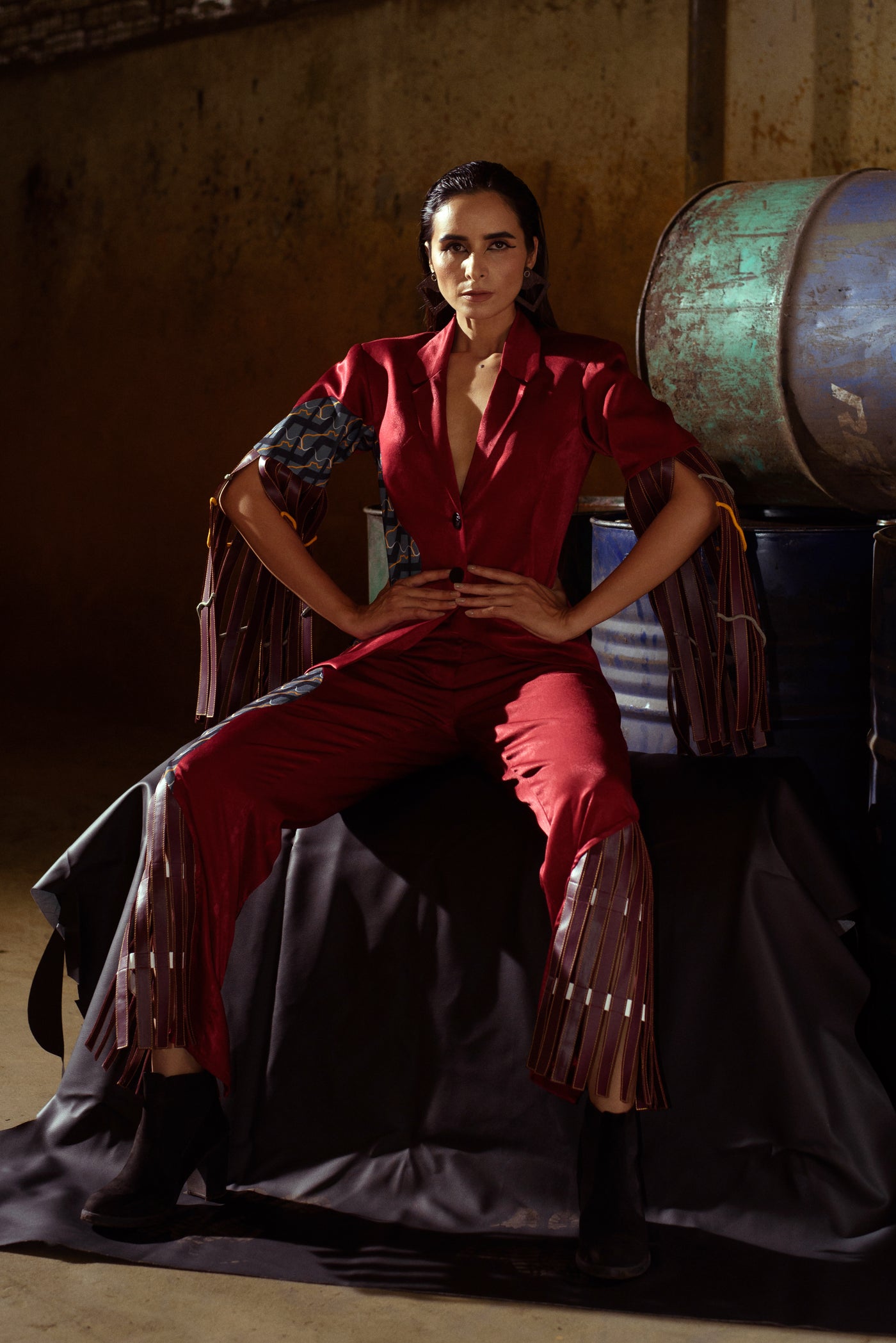 Patched Embroidered and Leather Strapped Suit - siddhantagrawal