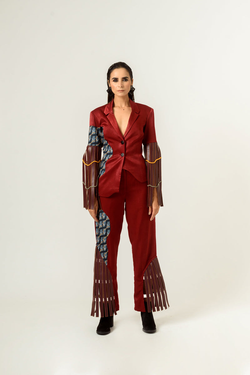 Patched Embroidered and Leather Strapped Suit - siddhantagrawal