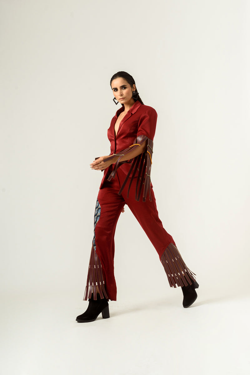 Patched Embroidered and Leather Strapped Suit - siddhantagrawal