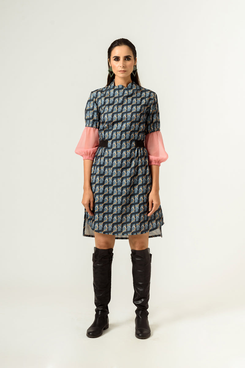 Ennui Print Balloon Sleeves Fitted Dress - siddhantagrawal