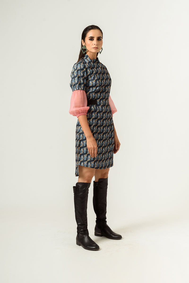 Ennui Print Balloon Sleeves Fitted Dress - siddhantagrawal