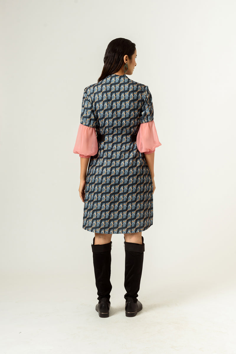 Ennui Print Balloon Sleeves Fitted Dress - siddhantagrawal