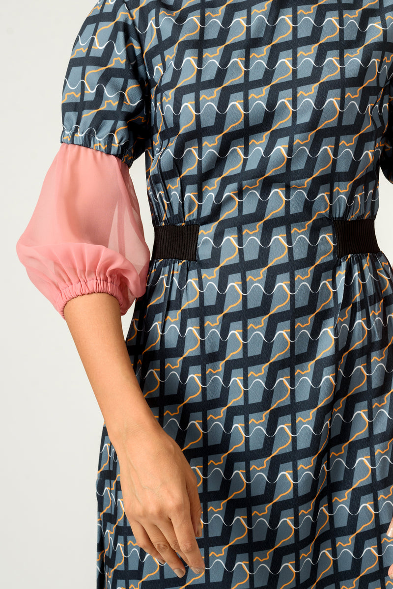 Ennui Print Balloon Sleeves Fitted Dress - siddhantagrawal