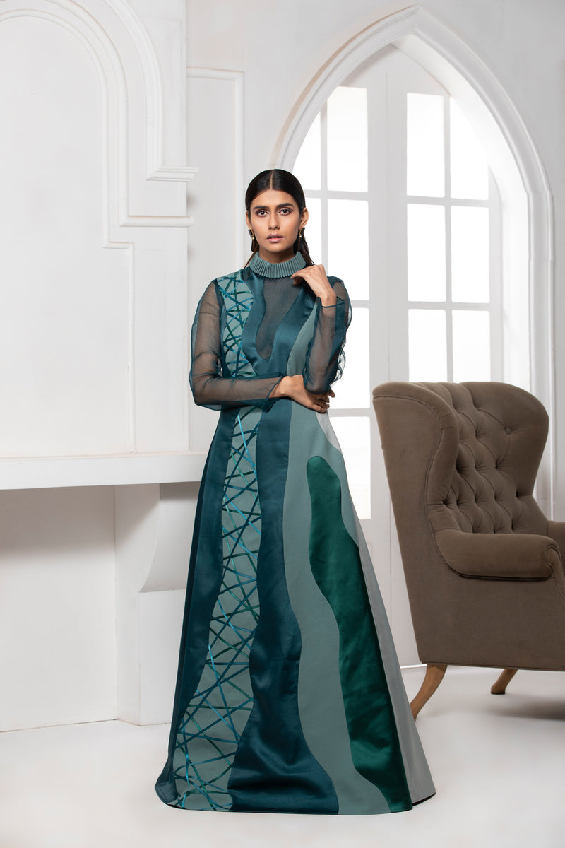 GREEN MONOTONE PINTUCK COLLAR GOWN WITH ORGANZA SHEER DETAILS - siddhantagrawal