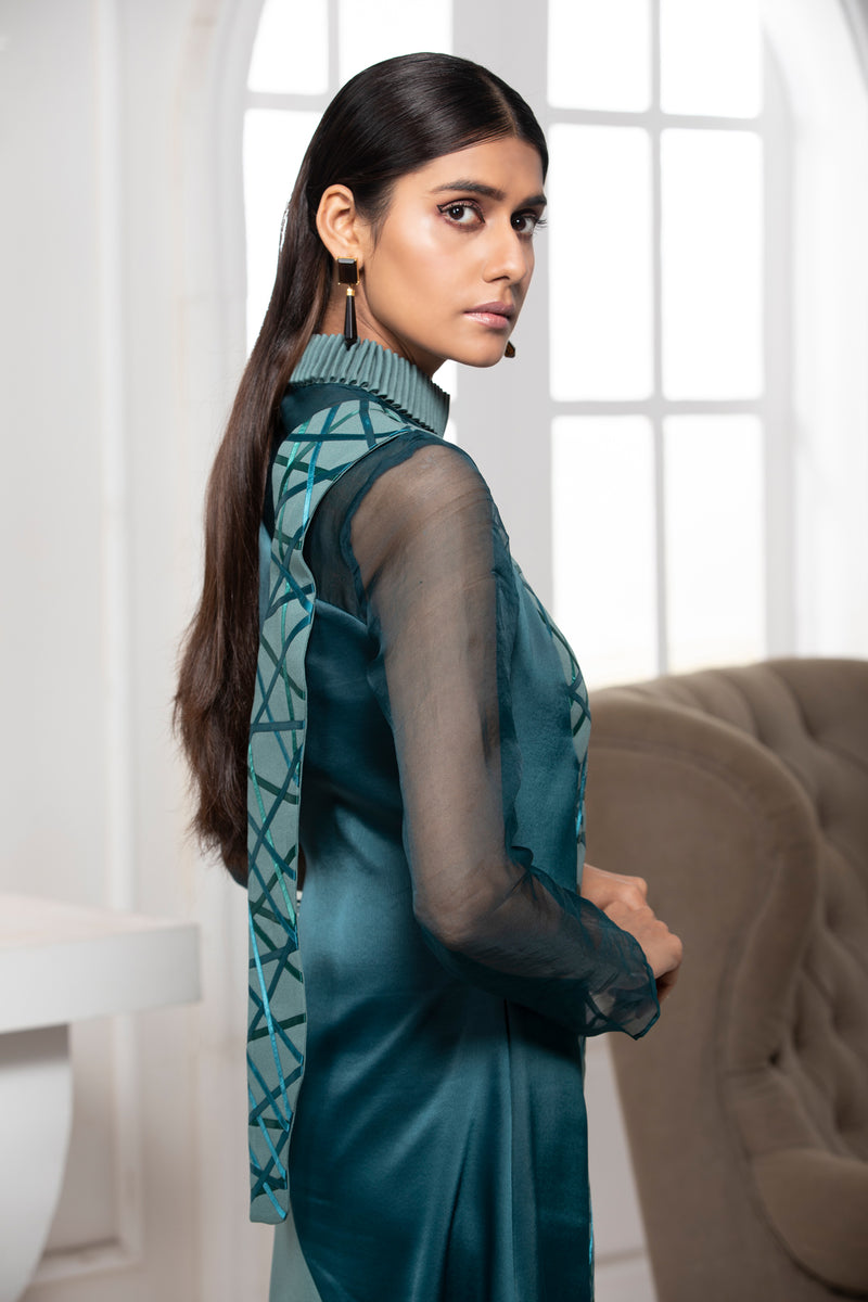 GREEN MONOTONE PINTUCK COLLAR GOWN WITH ORGANZA SHEER DETAILS - siddhantagrawal