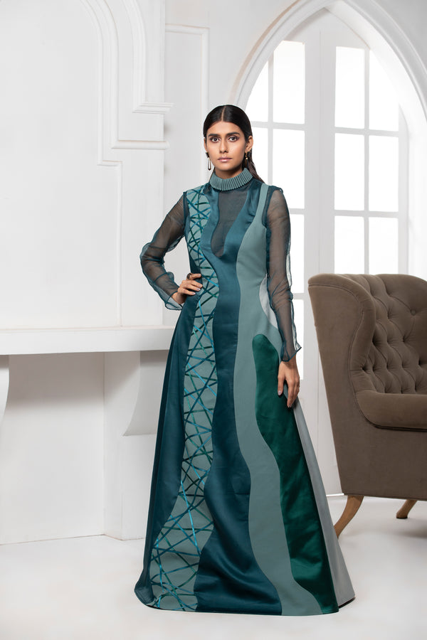 GREEN MONOTONE PINTUCK COLLAR GOWN WITH ORGANZA SHEER DETAILS - siddhantagrawal