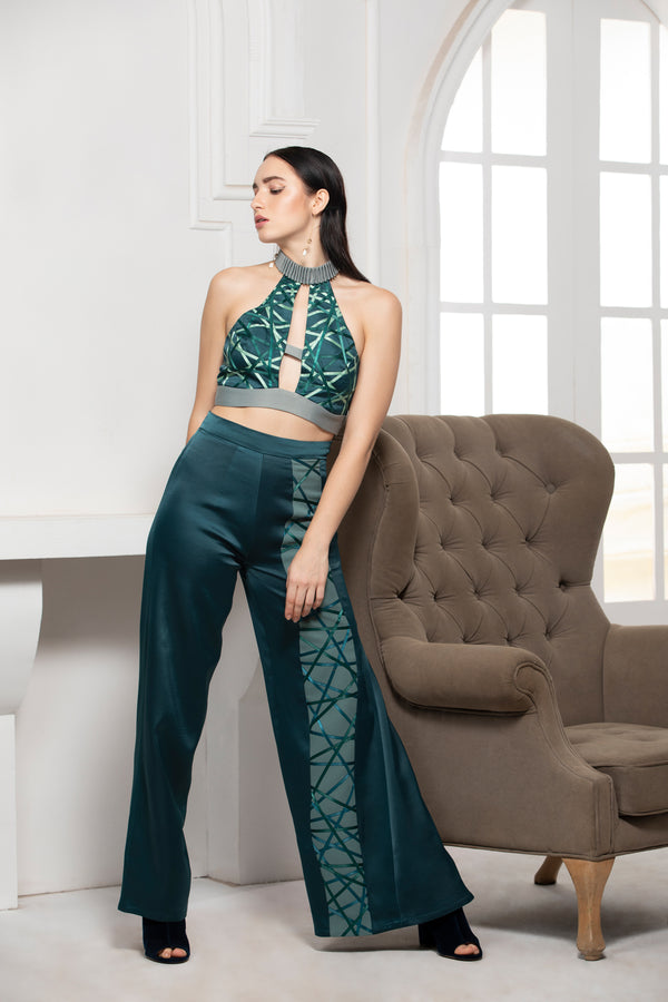 GREEN MONOTONE FLARED SATIN TEXTILE TROUSER - siddhantagrawal