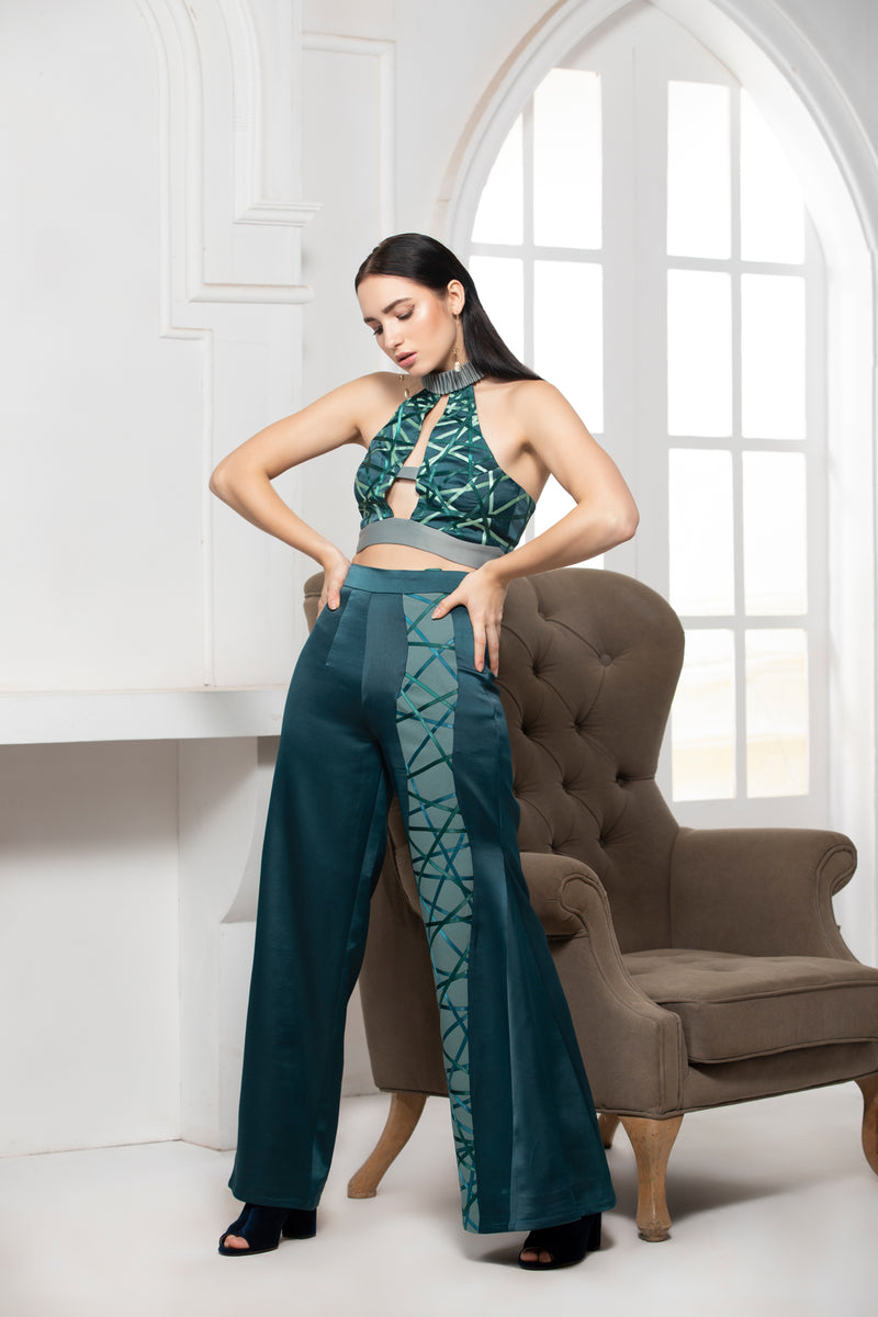 GREEN MONOTONE FLARED SATIN TEXTILE TROUSER - siddhantagrawal