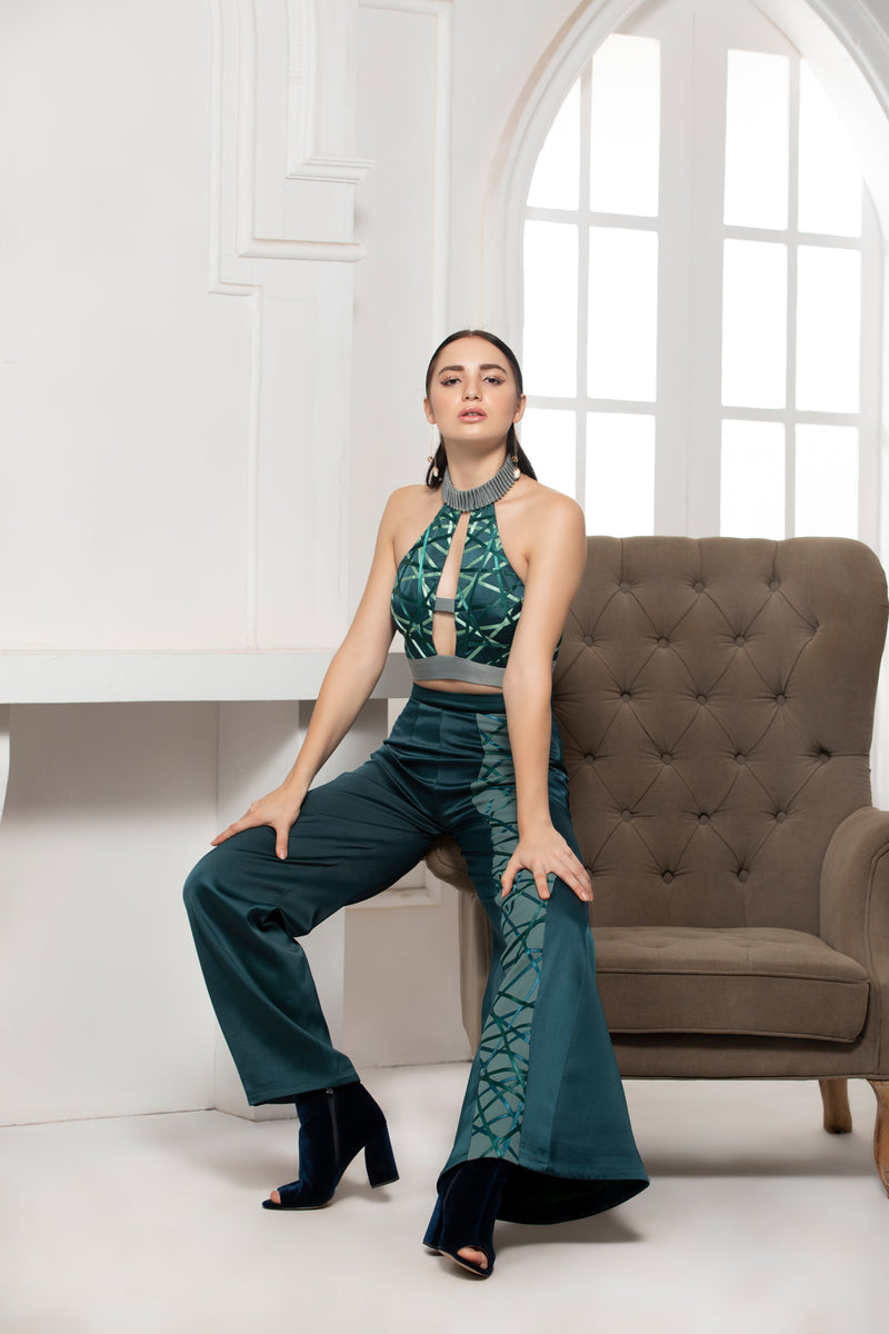 GREEN MONOTONE FLARED SATIN TEXTILE TROUSER - siddhantagrawal