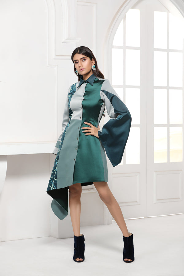 GREEN MONOTONE COLLAR SHIRT DRESS - siddhantagrawal