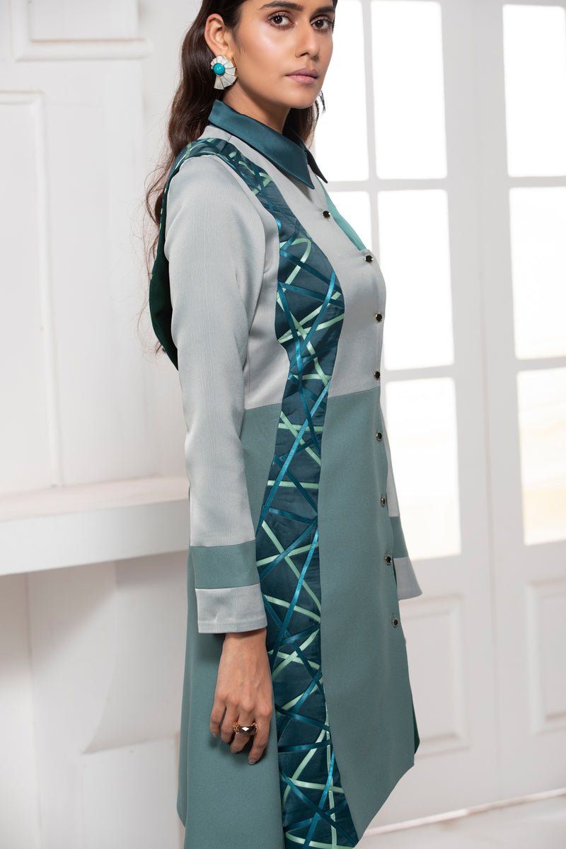GREEN MONOTONE COLLAR SHIRT DRESS - siddhantagrawal