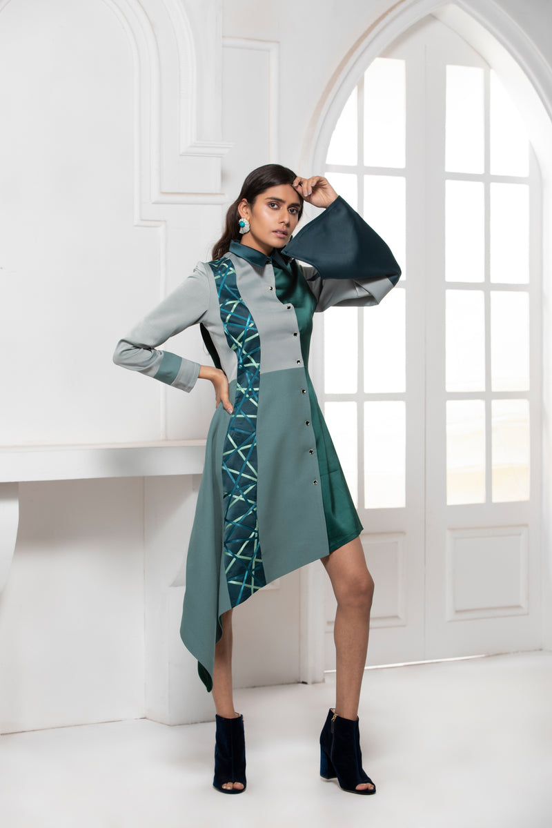 GREEN MONOTONE COLLAR SHIRT DRESS - siddhantagrawal