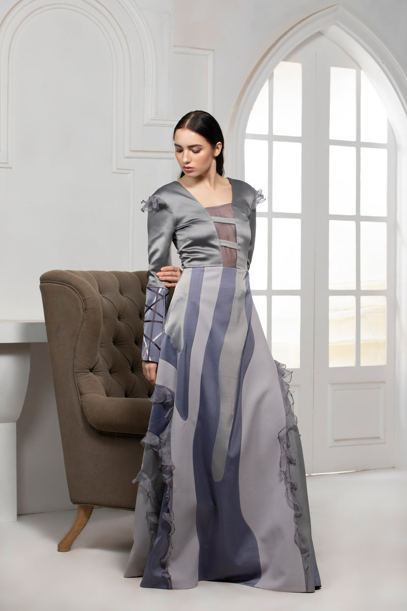 GREY MONOTONE COLOUR BLOCK GOWN WITH EXTENDED SATIN RTEXTILE CUFF - siddhantagrawal