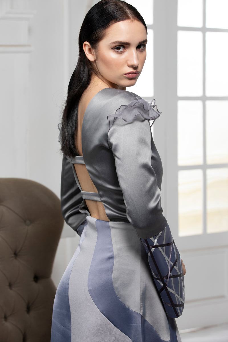 GREY MONOTONE COLOUR BLOCK GOWN WITH EXTENDED SATIN RTEXTILE CUFF - siddhantagrawal