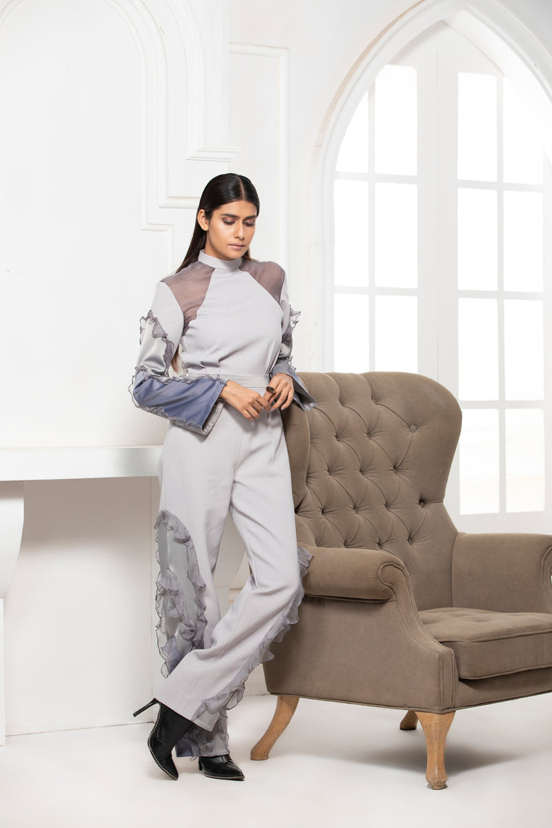 GREY MONOTONE CREPE JUMPSUIT WITH ORGANZA RUFFLE - siddhantagrawal