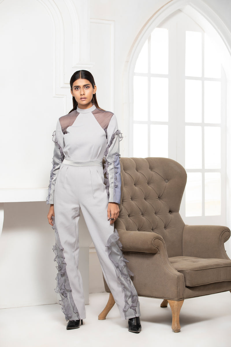GREY MONOTONE CREPE JUMPSUIT WITH ORGANZA RUFFLE - siddhantagrawal