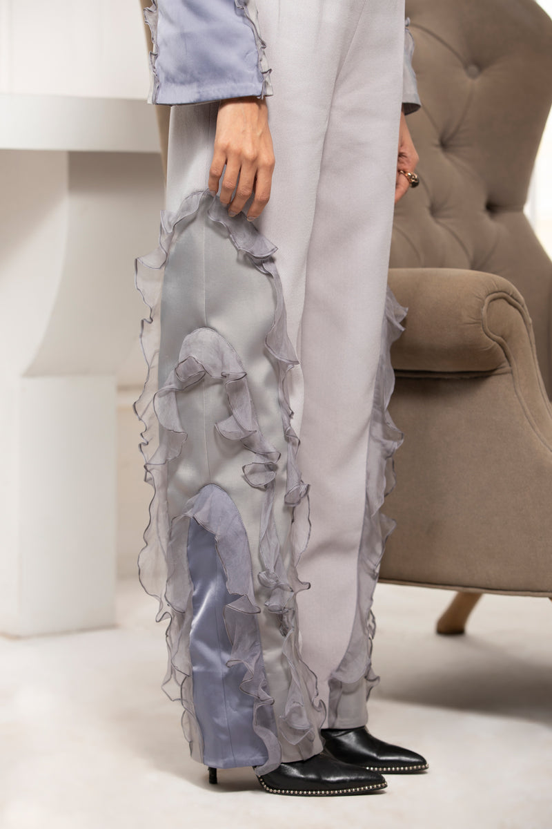GREY MONOTONE CREPE JUMPSUIT WITH ORGANZA RUFFLE - siddhantagrawal
