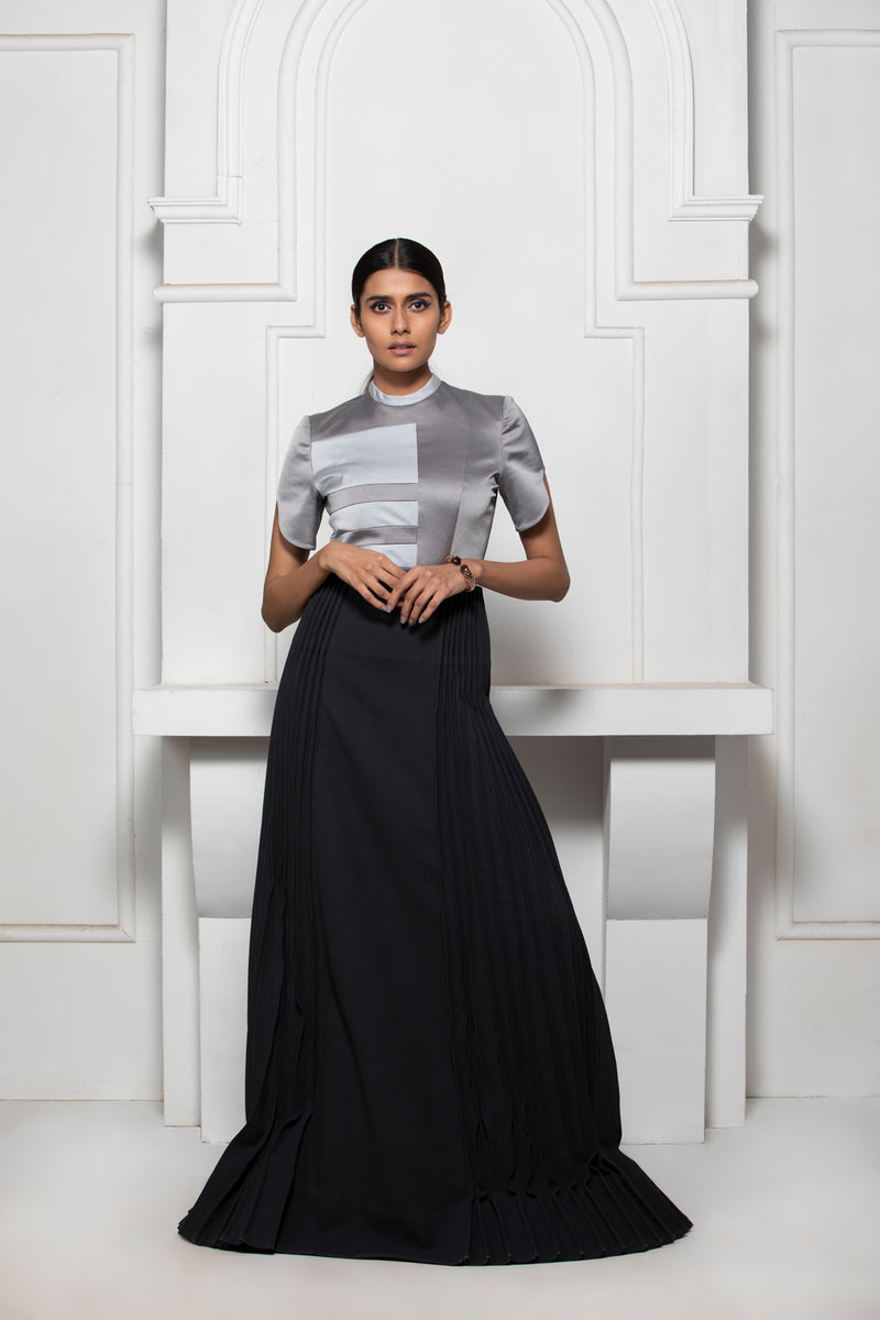 GREY MONOTONE COLOUR BLOCK GOWN WITH PINTUCK SKIRT DETAILS - siddhantagrawal